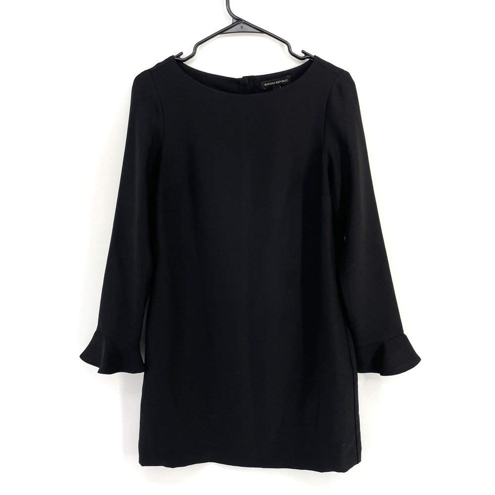 Banana Republic Womens Black Flounce Bell Sleeve Shift Dress Size 2 Mini LBD